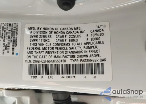 2019 Honda Civic Lx из США, поврежденный, VIN 2HGFC2F66KH559450